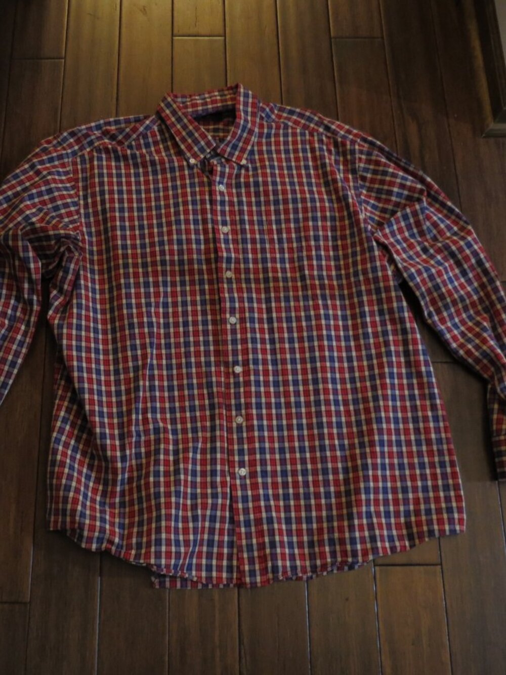 Club Room Regular Fit 18x36/37 Long Sleeve Button Down Shirt Plaid Blue Red Tan